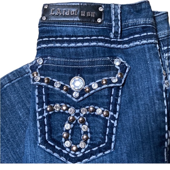 LA Idol USA 90’s Rhinestone Studded Medium Wash Denim Bootcut Flap Pocket Jeans - Picture 3 of 7